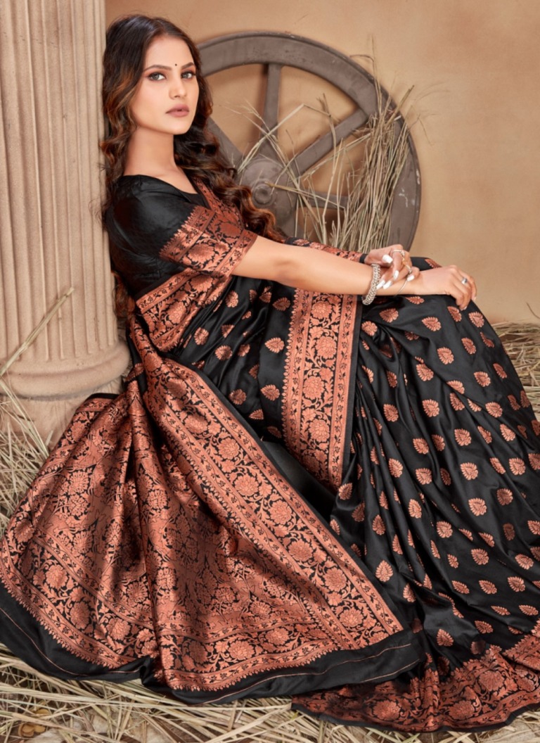 Black Copper Zari Banarasi Soft Silk Saree Online