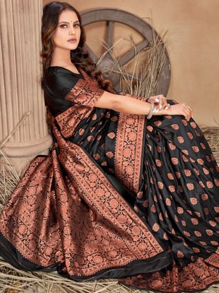 Black Copper Zari Banarasi Soft Silk Saree Online