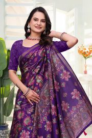 Purple Floral Cotton Saree for Women Online India - Purple