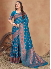 Teal Traditional Silk Saree with Copper Jacquard Border - Teal