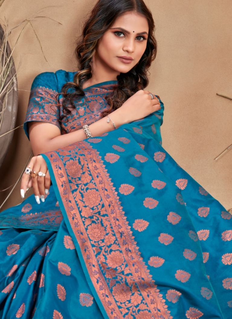 Teal Traditional Silk Saree with Copper Jacquard Border
