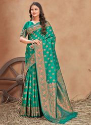 Traditional Green Silk Saree with Jacquard Zari Border - Green