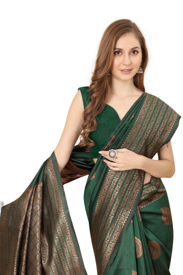 Designer Bottle Green Banarasi Saree With Rich Zari Work
