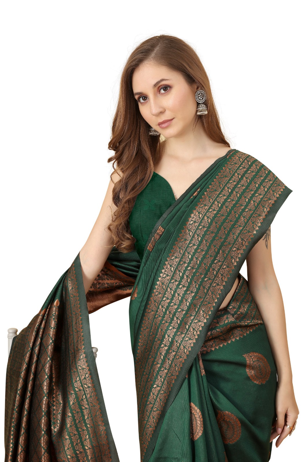 Designer Bottle Green Banarasi Saree with Rich Zari Work