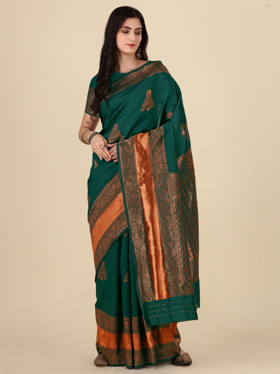 Royal Dark Green Banarasi Soft Silk Saree with Zari