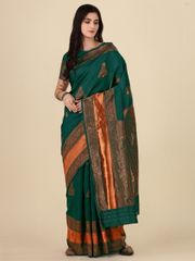 Royal Dark Green Banarasi Soft Silk Saree with Zari - Green
