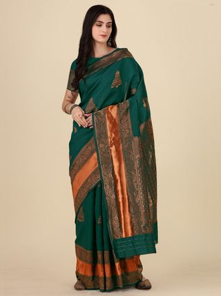 Royal Dark Green Banarasi Soft Silk Saree with Zari