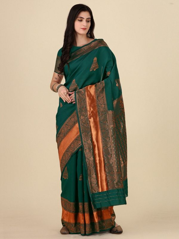 Royal Dark Green Banarasi Soft Silk Saree with Zari