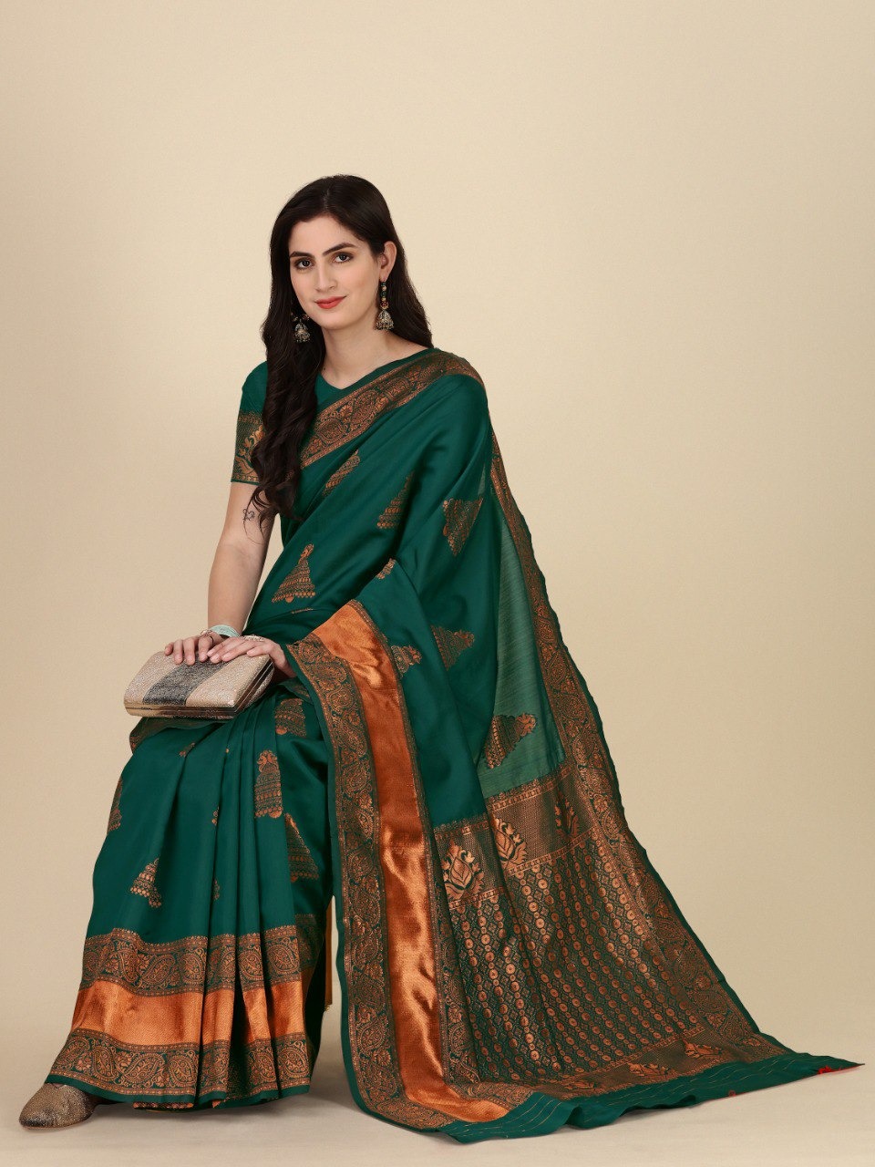 Royal Dark Green Banarasi Soft Silk Saree with Zari