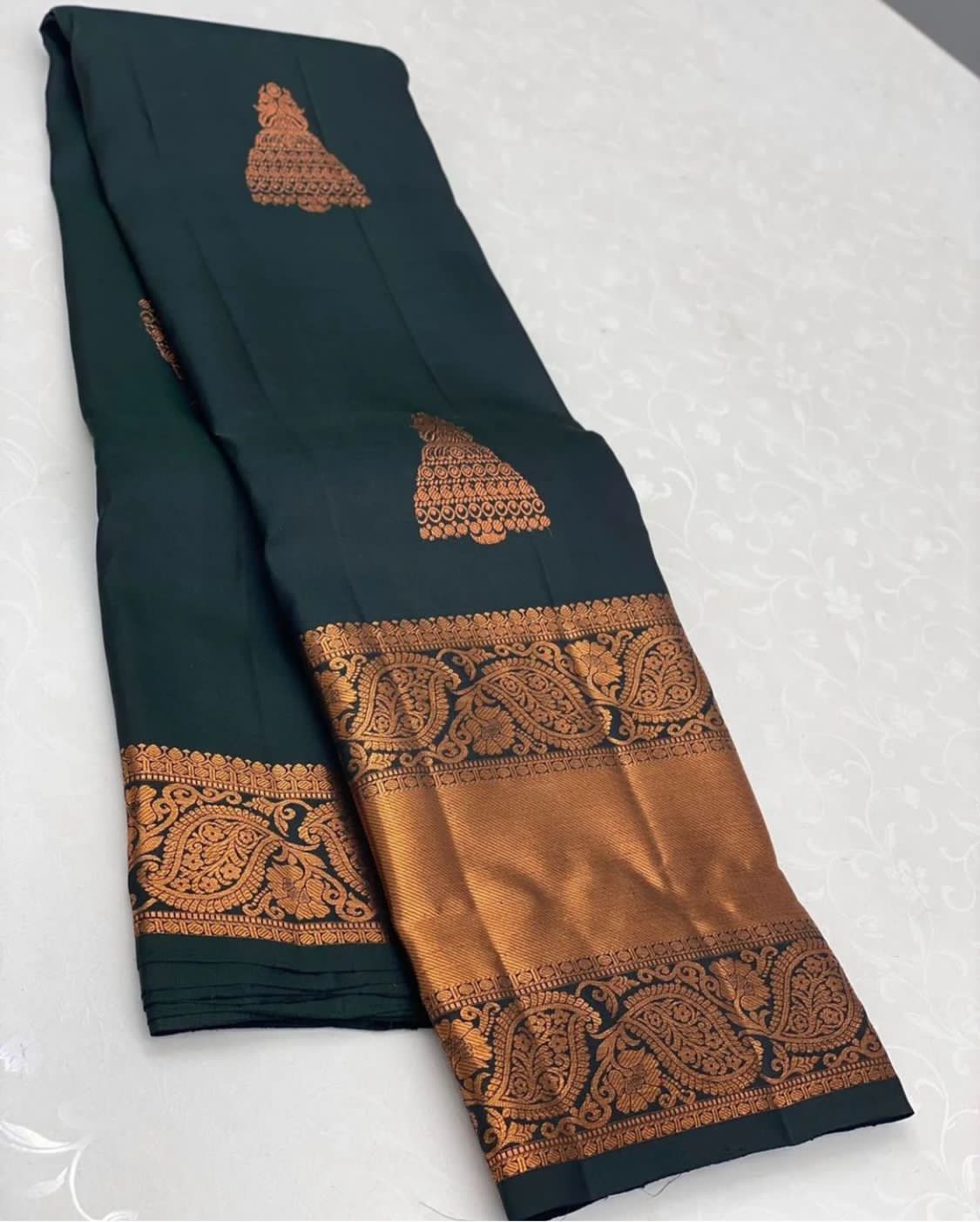 Royal Dark Green Banarasi Soft Silk Saree with Zari