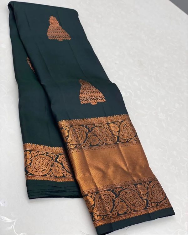 Royal Dark Green Banarasi Soft Silk Saree with Zari