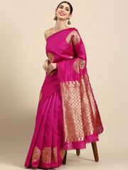 Rani Pink Soft Silk Saree with Traditional Zari Motifs - Pink