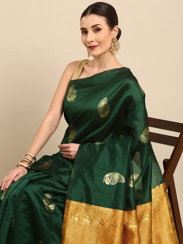 Bottle Green Banarasi Soft Silk Saree for Wedding Wear