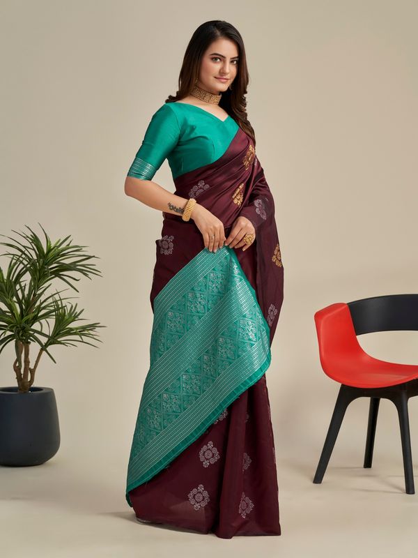 Elegant Maroon Soft Silk Saree with Green Jacquard Border