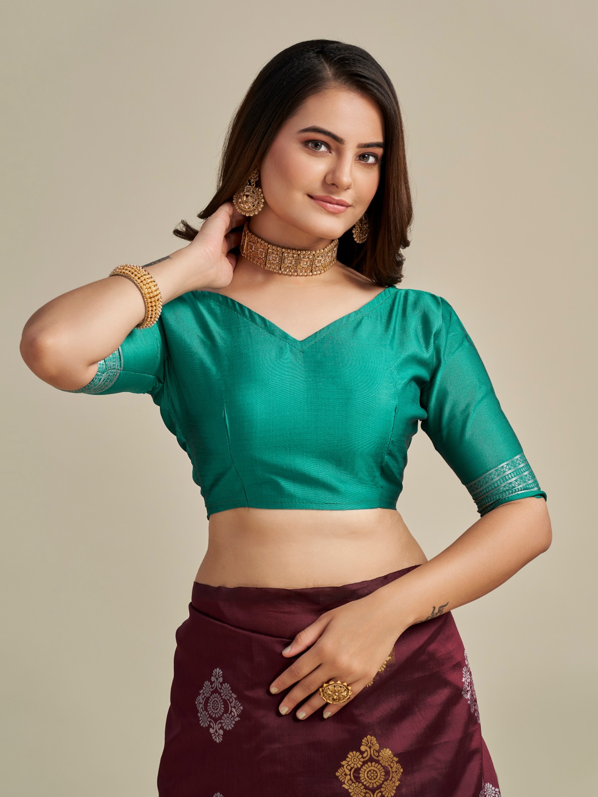 Elegant Maroon Soft Silk Saree with Green Jacquard Border