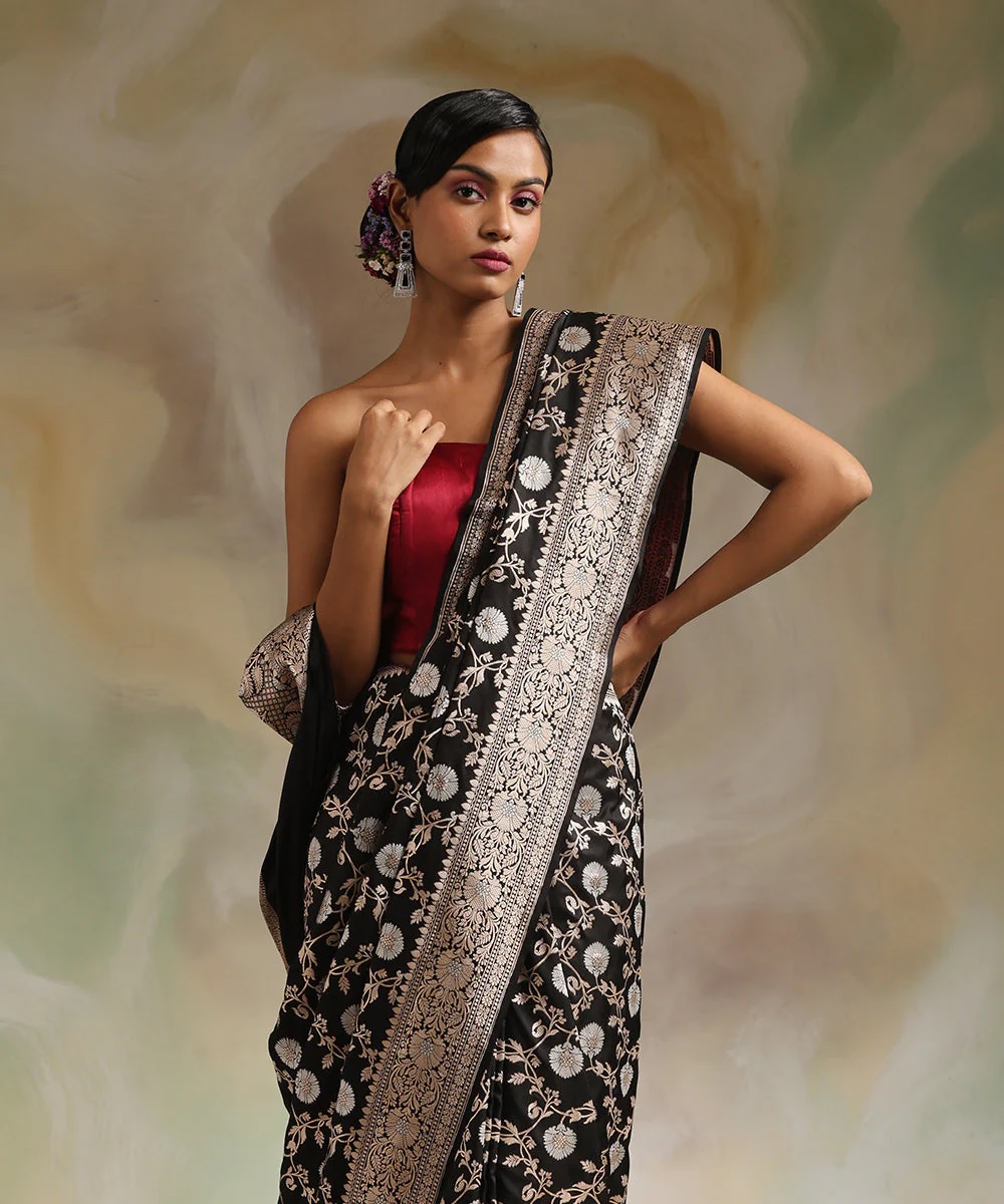 Stylish Black Banarasi Saree with Detailed Jacquard Work