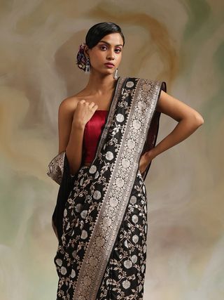 Stylish Black Banarasi Saree with Detailed Jacquard Work