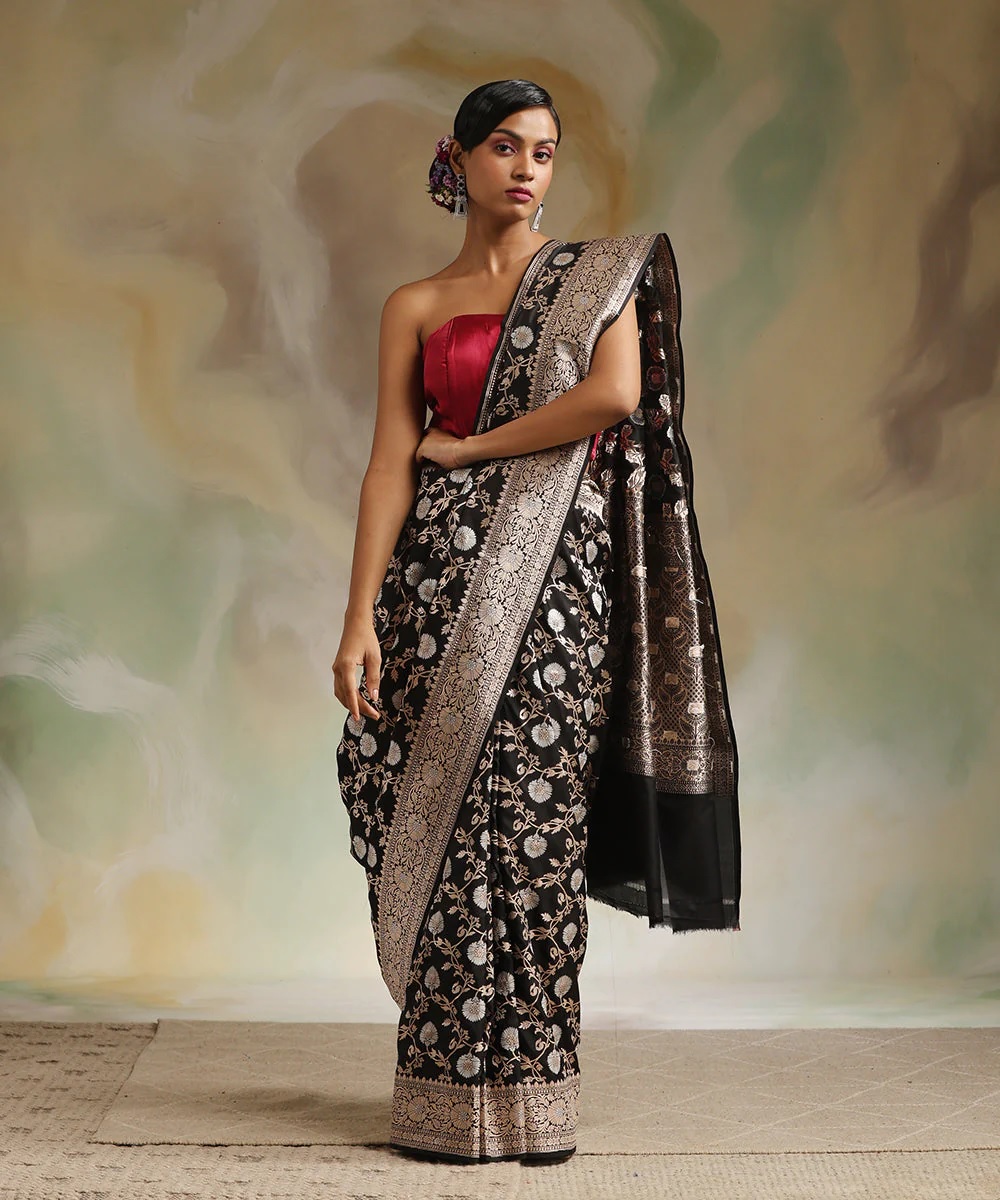Stylish Black Banarasi Saree with Detailed Jacquard Work