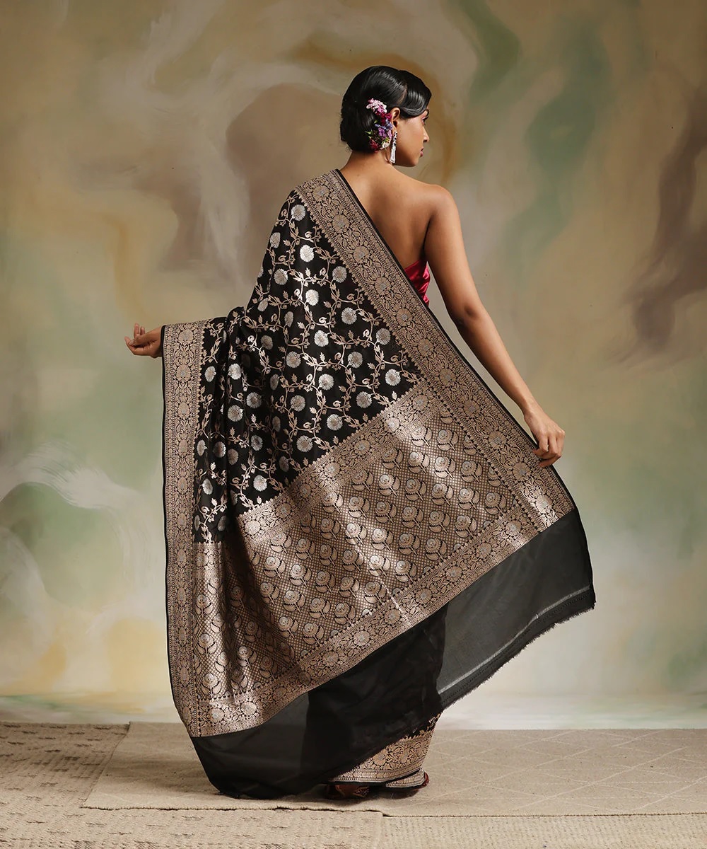 Stylish Black Banarasi Saree with Detailed Jacquard Work