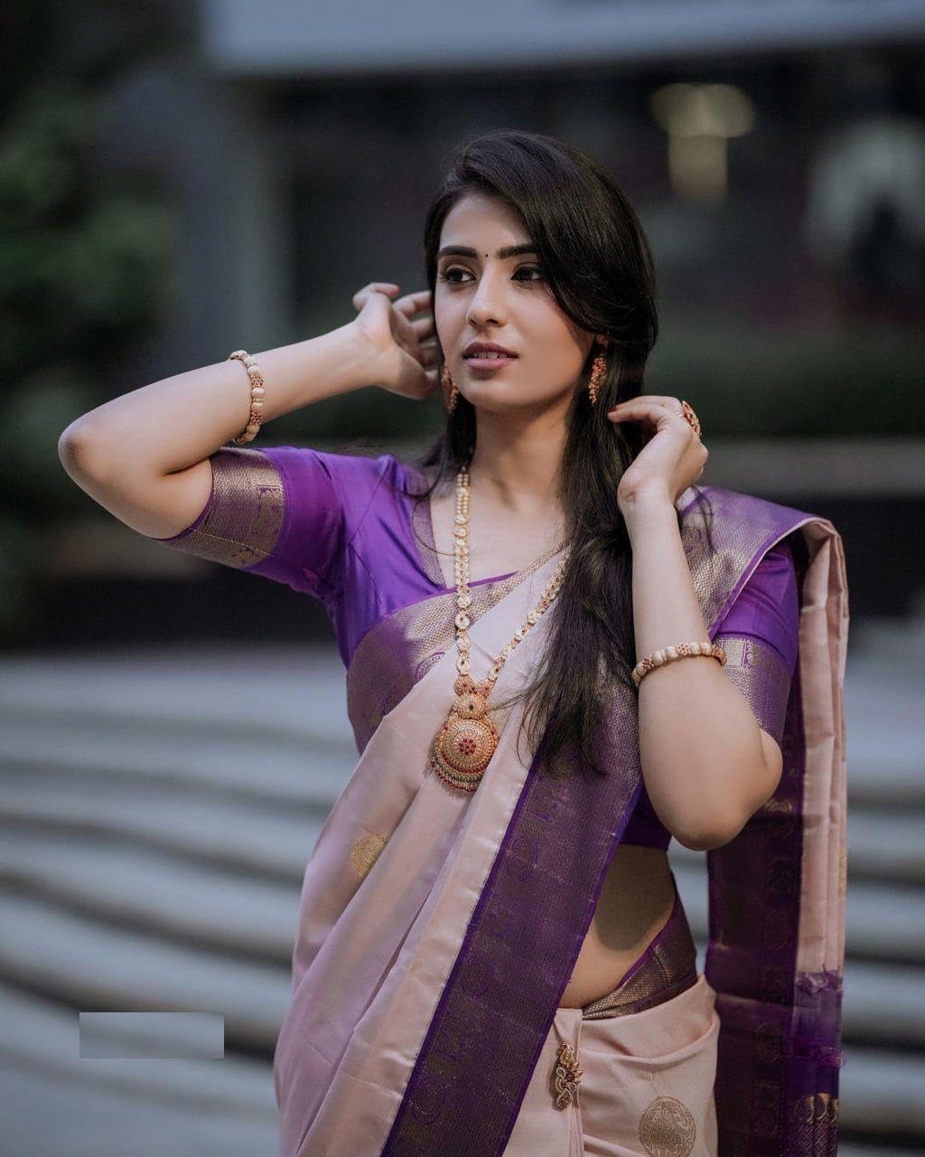 Premium Soft Silk Saree in Beige with Purple Zari Detail