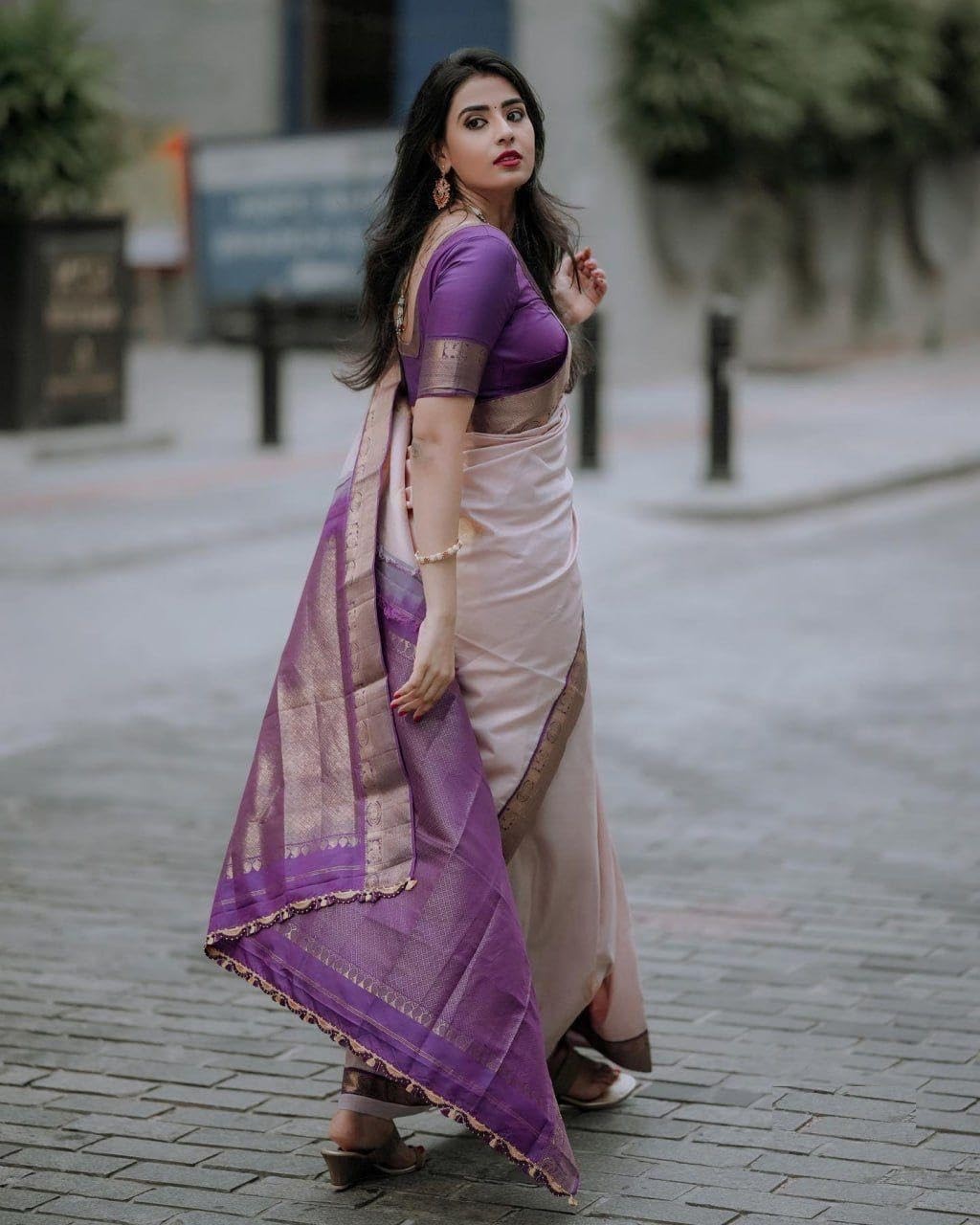Premium Soft Silk Saree in Beige with Purple Zari Detail