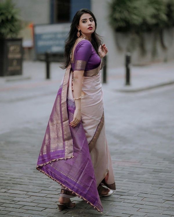 Premium Soft Silk Saree in Beige with Purple Zari Detail