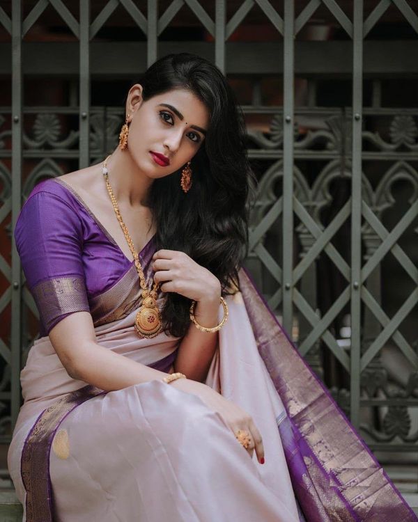Premium Soft Silk Saree in Beige with Purple Zari Detail