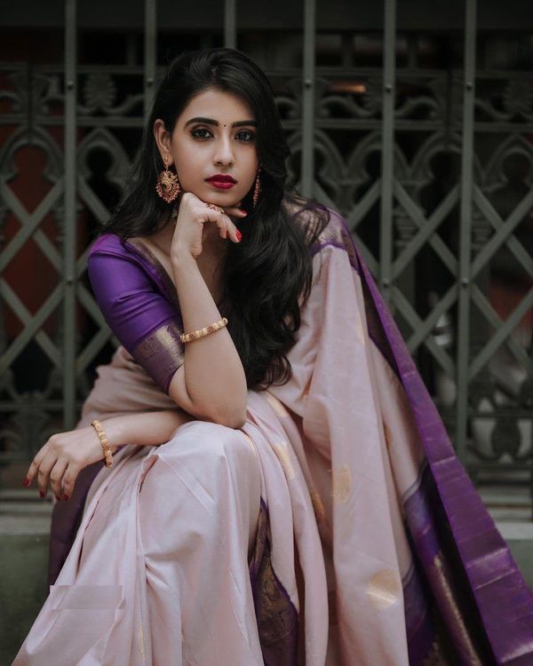 Premium Soft Silk Saree in Beige with Purple Zari Detail