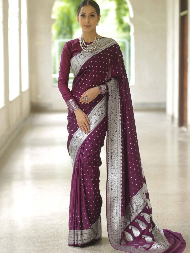 Elegant Wine Banarasi Saree with Silver Zari Border