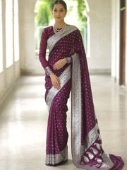 Elegant Wine Banarasi Saree with Silver Zari Border - wine