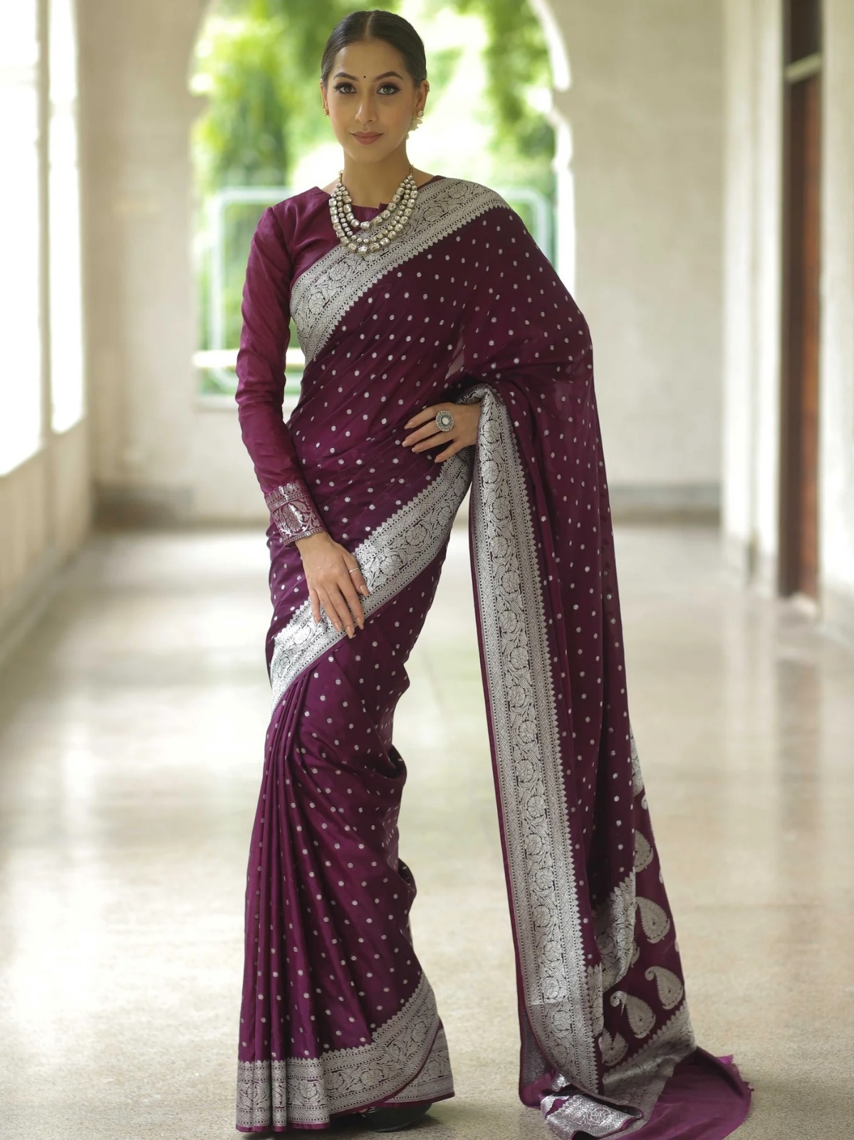 Elegant Wine Banarasi Saree with Silver Zari Border