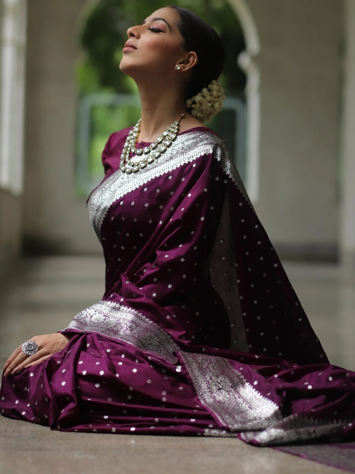 Elegant Wine Banarasi Saree with Silver Zari Border