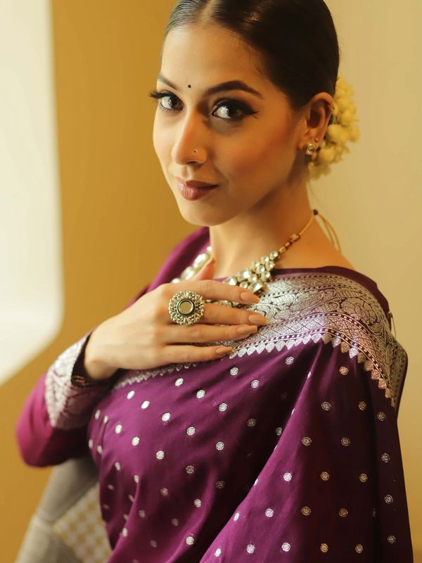 Elegant Wine Banarasi Saree with Silver Zari Border