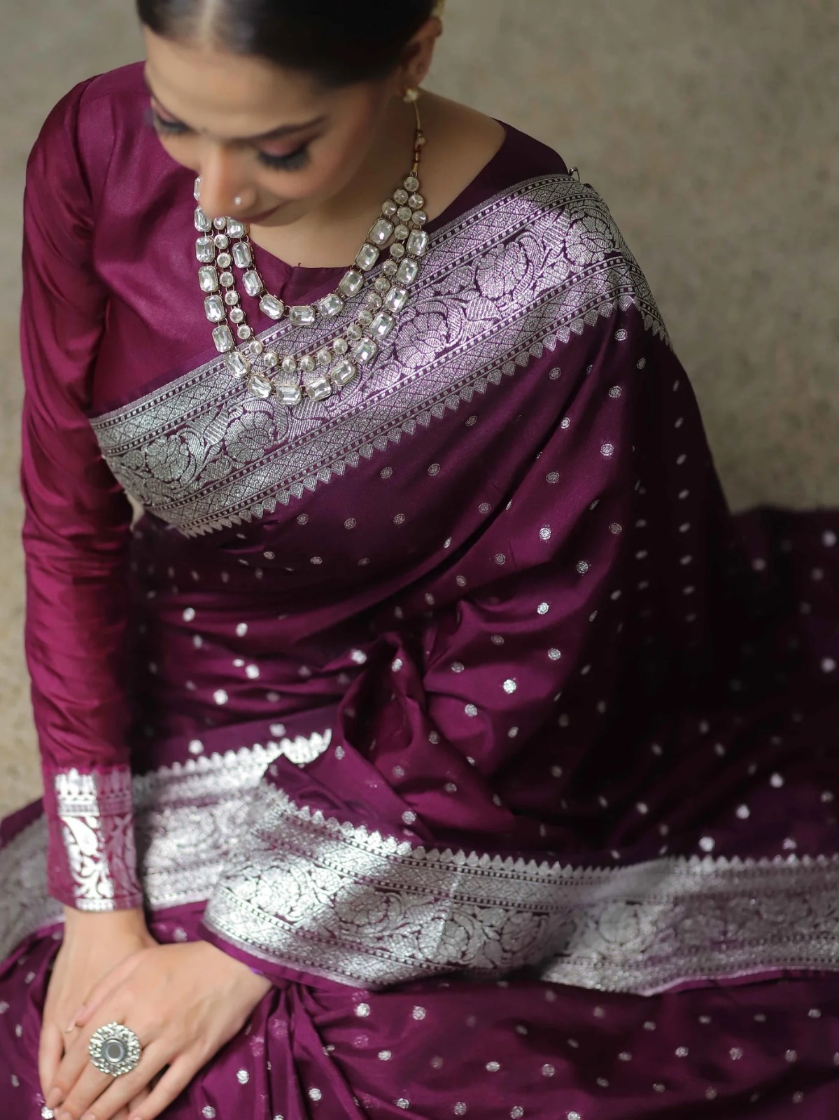 Elegant Wine Banarasi Saree with Silver Zari Border