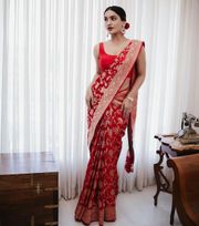 Red Banarasi Soft Silk Saree with Traditional Zari Work - Red
