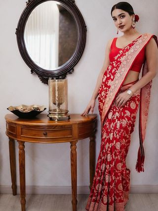 Red Banarasi Soft Silk Saree with Traditional Zari Work