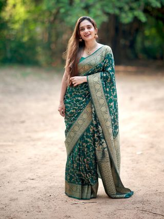Wedding Wear Green Saree with Elegant Zari Finish