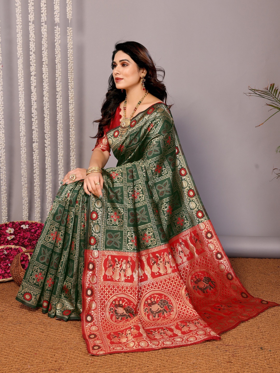 Wedding Wear Green Banarasi Saree with Red Highlights