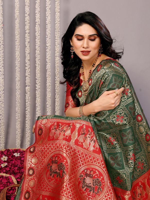 Wedding Wear Green Banarasi Saree with Red Highlights