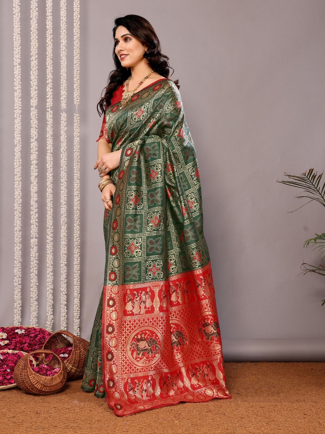 Wedding Wear Green Banarasi Saree with Red Highlights