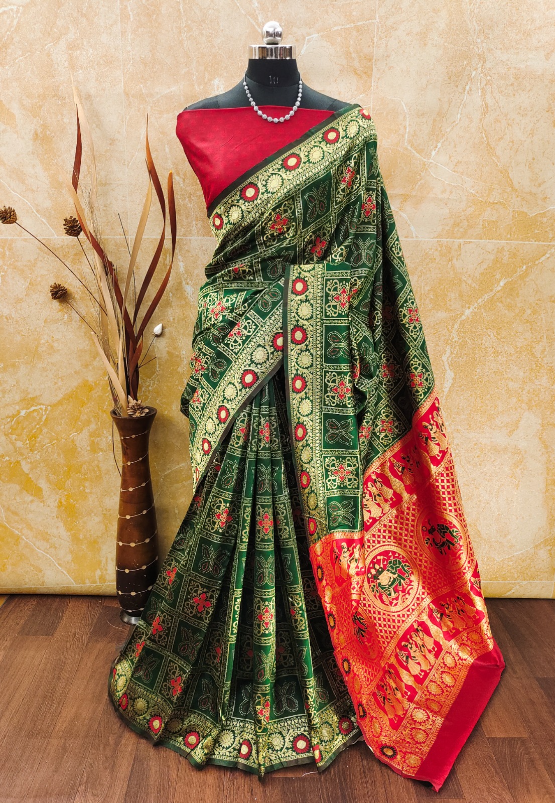 Wedding Wear Green Banarasi Saree with Red Highlights