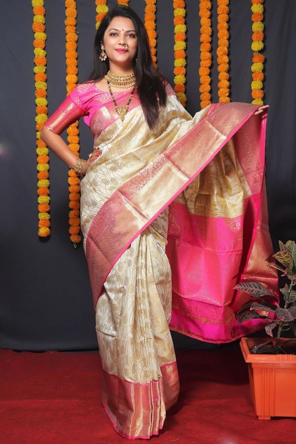 Royal Cream Silk Saree with Pink Zari Elegance Weave