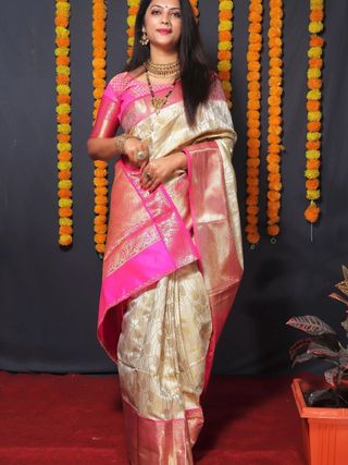 Royal Cream Silk Saree with Pink Zari Elegance Weave
