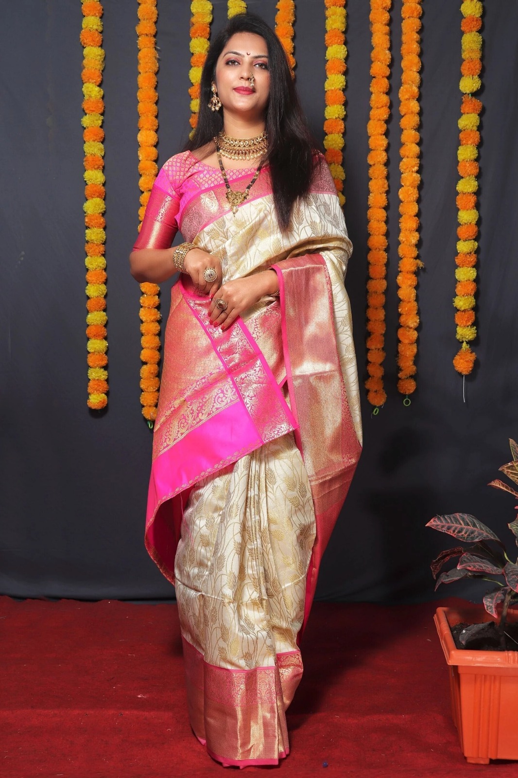 Royal Cream Silk Saree with Pink Zari Elegance Weave