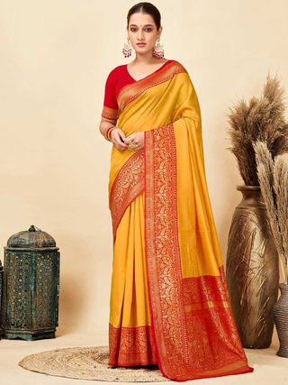 Elegant Yellow Silk Saree with Traditional Red Weave