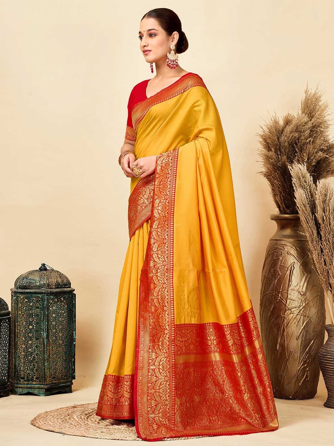 Elegant Yellow Silk Saree with Traditional Red Weave