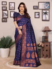 Classic Blue Banarasi Silk Saree with Heritage Border - Blue