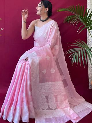 Blush Pink Silk Saree with Floral Zari Grace Weave