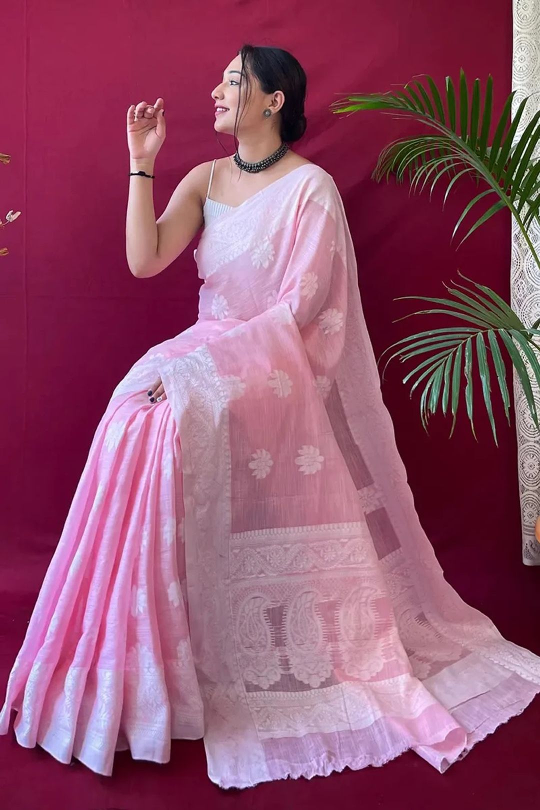 Blush Pink Silk Saree with Floral Zari Grace Weave