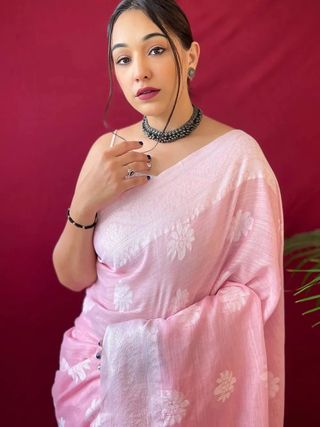 Blush Pink Silk Saree with Floral Zari Grace Weave